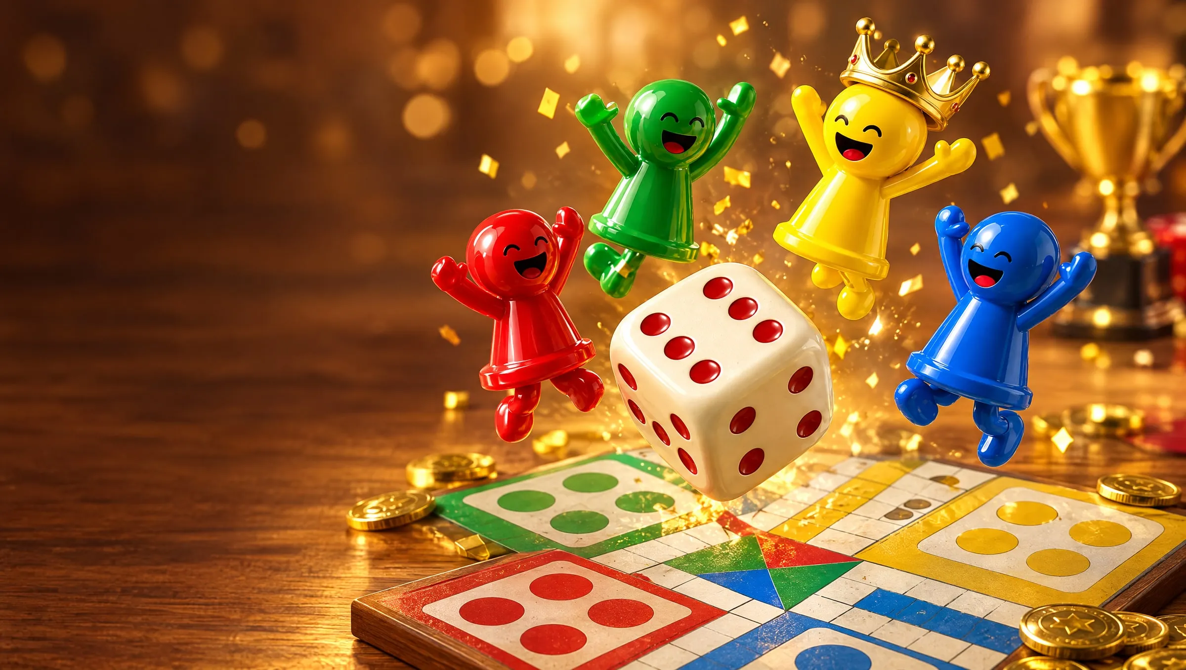 Empat pion Ludo melompat gembira di sekitar dadu