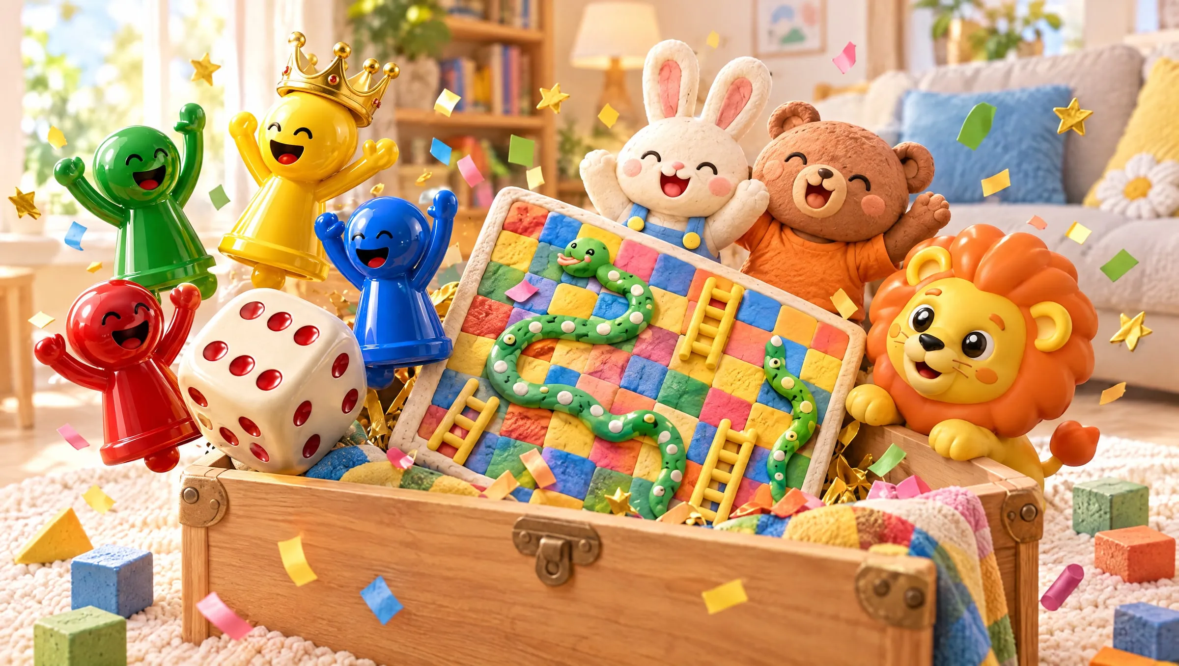 Peti mainan berisi pion Ludo, papan ular tangga clay, dan singa kecil, dikelilingi konfeti di ruang keluarga