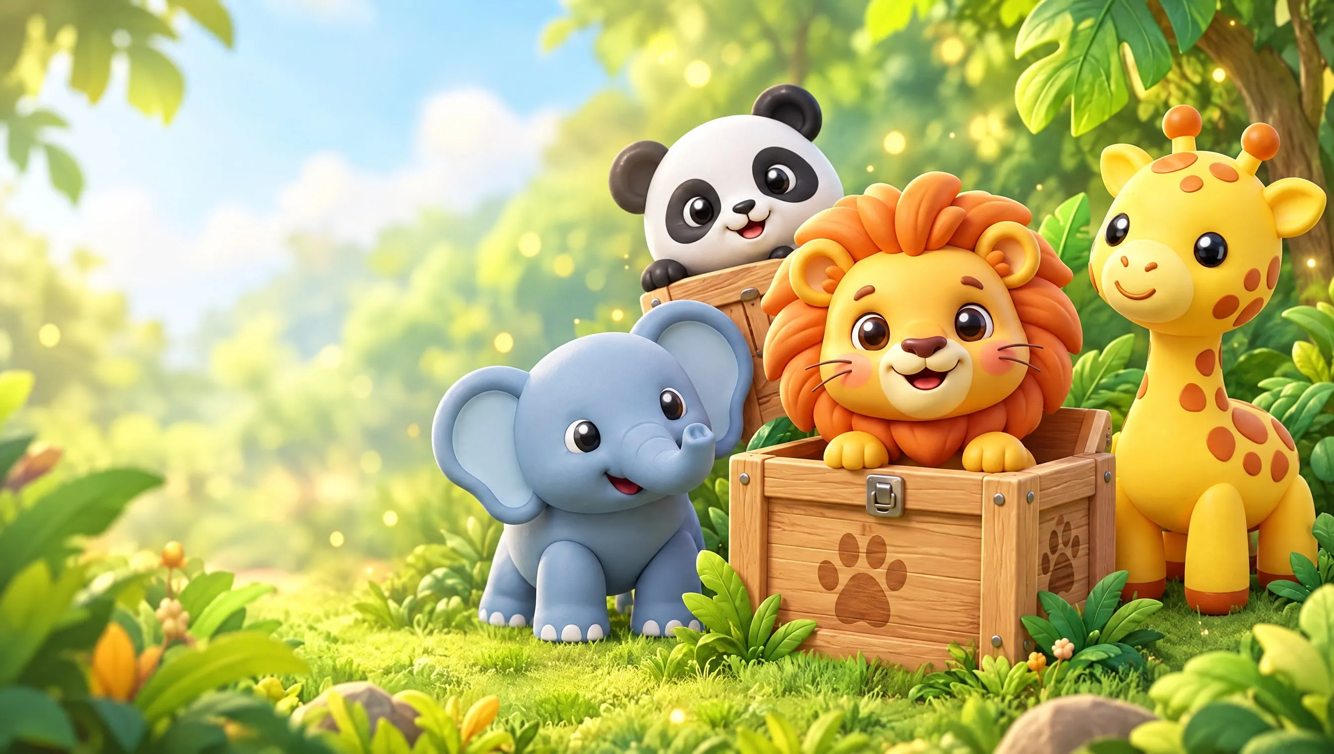 Singa, gajah, jerapah, dan panda bermain petak umpet di antara peti kayu