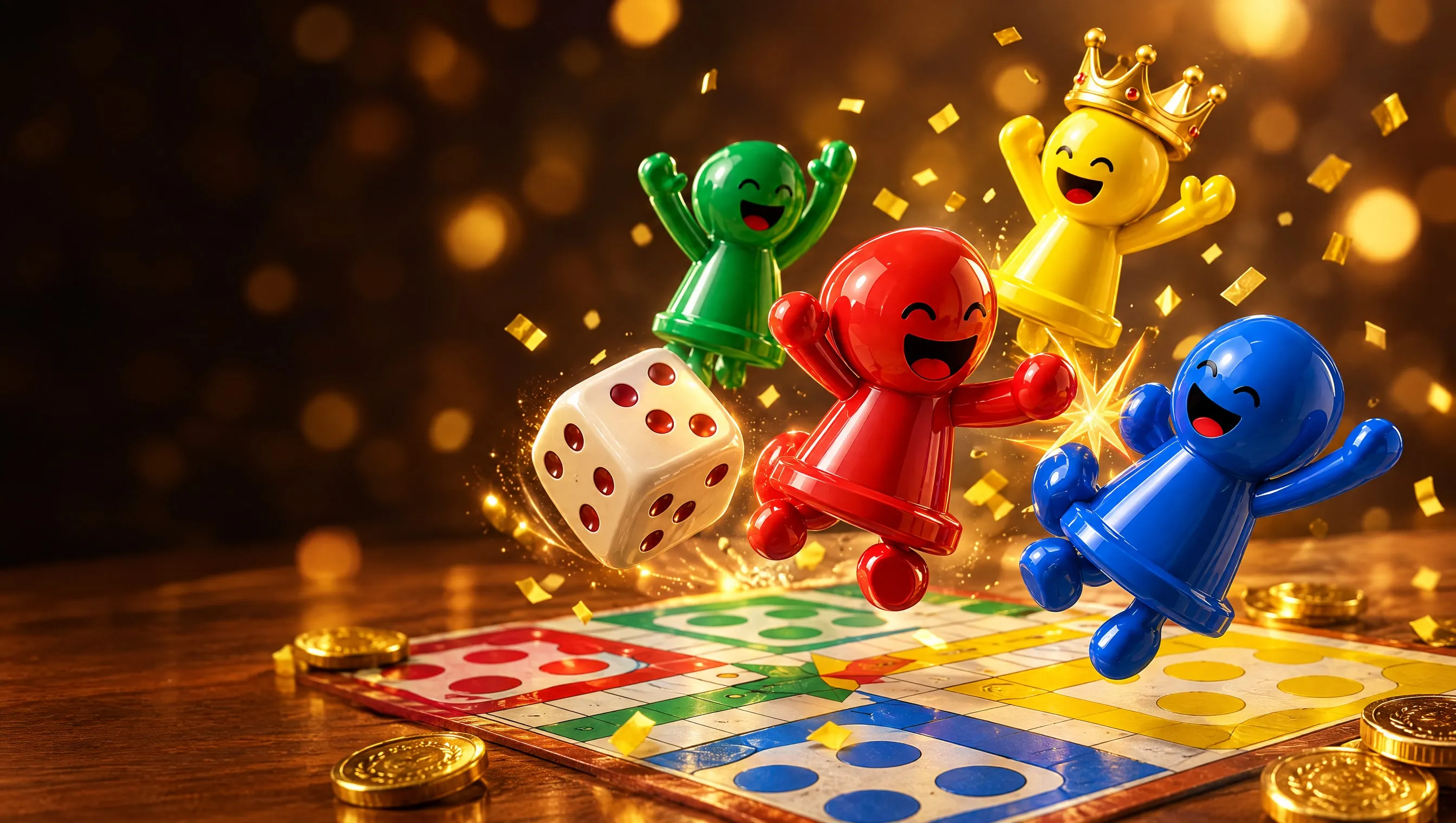 Empat pion Ludo merah, hijau, kuning, dan biru melompat gembira di sekitar dadu di atas papan Ludo