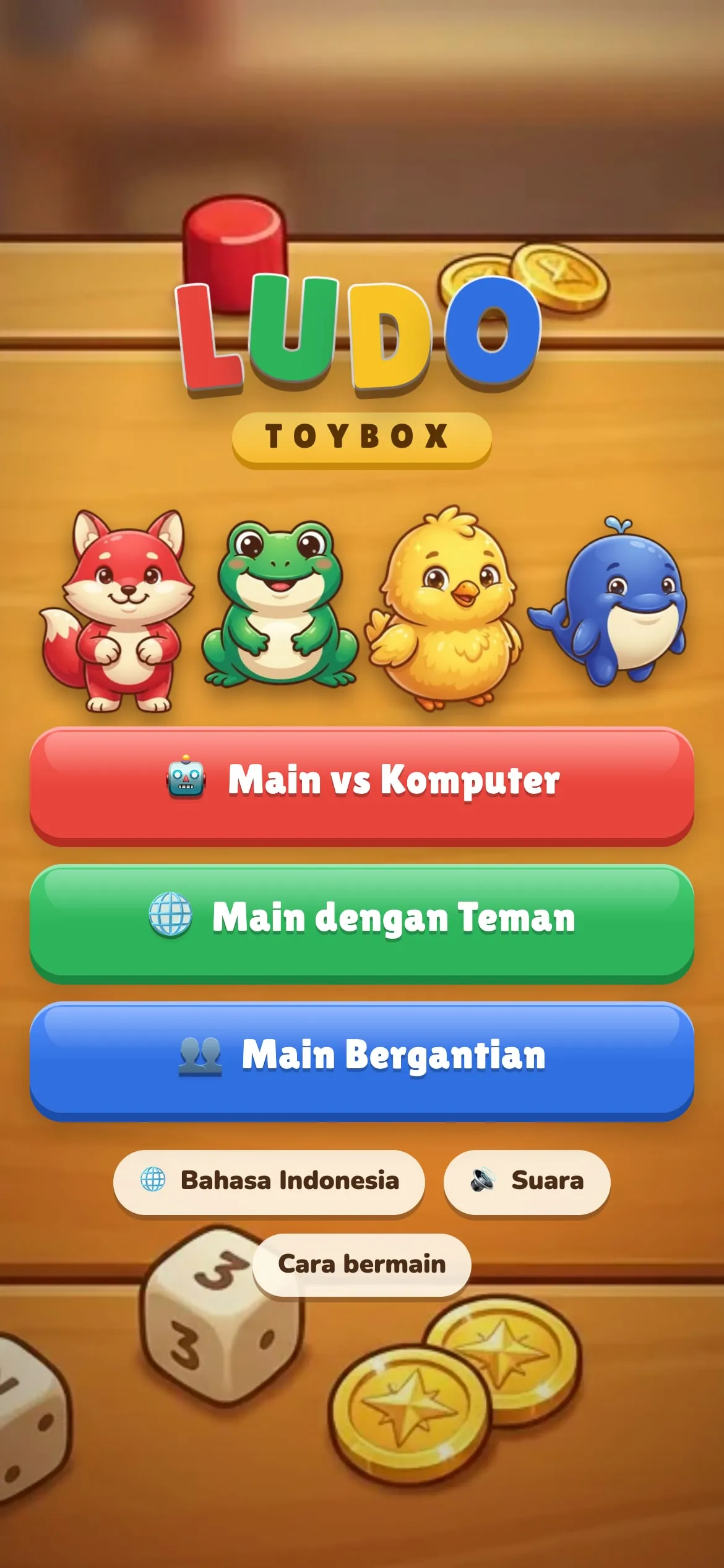 Menu utama Ludo Toybox dengan tombol Main vs Komputer, Main dengan Teman, dan Main Bergantian