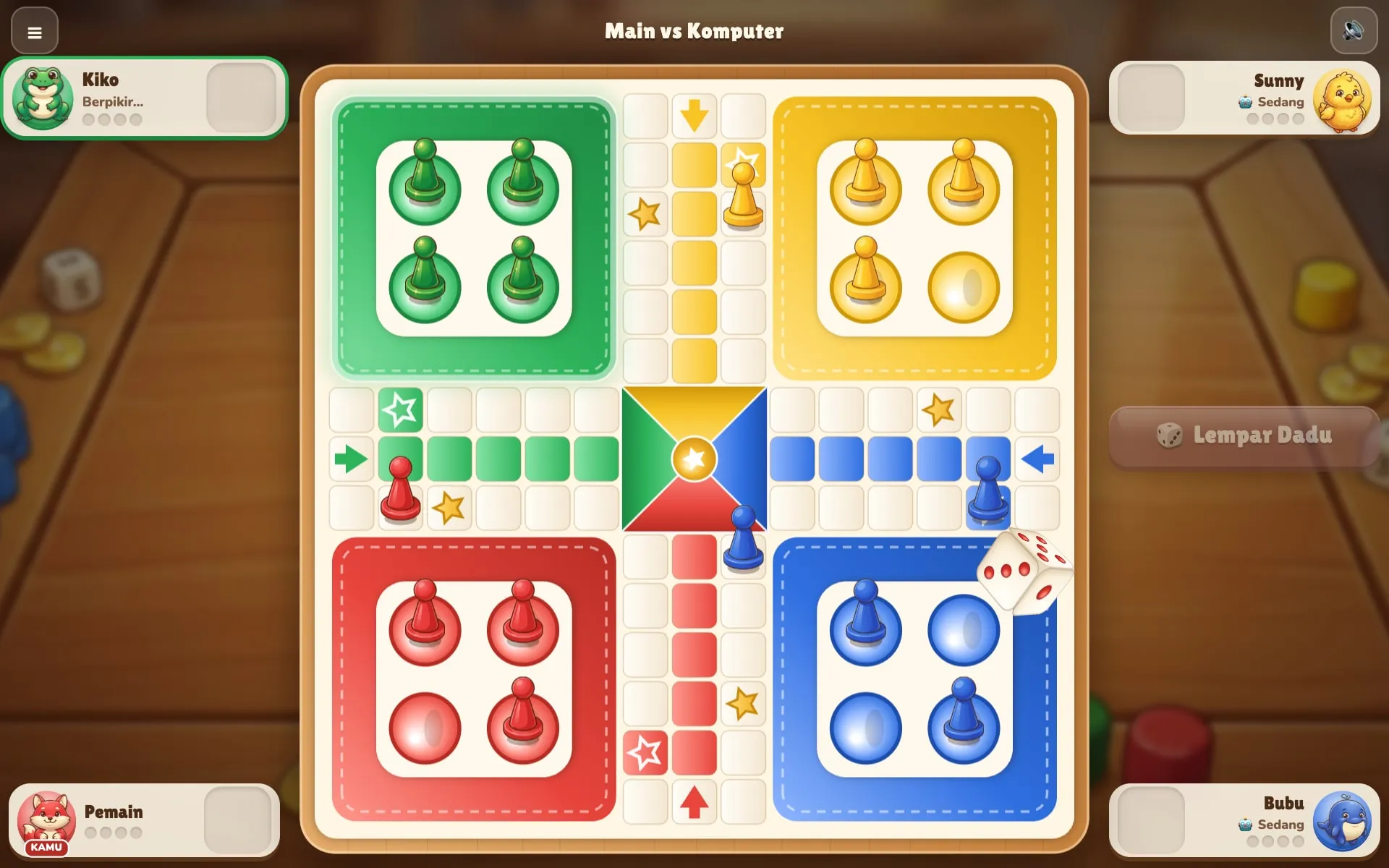 Ludo Toybox di layar tablet: papan Ludo di tengah meja kayu dengan empat pemain
