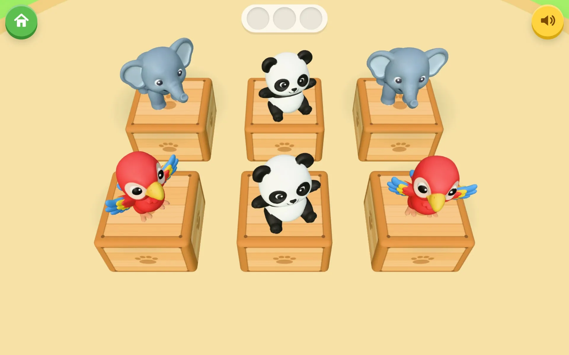 Peek-a-Zoo di tablet: gajah, panda, dan burung beo terlihat di atas peti kayu