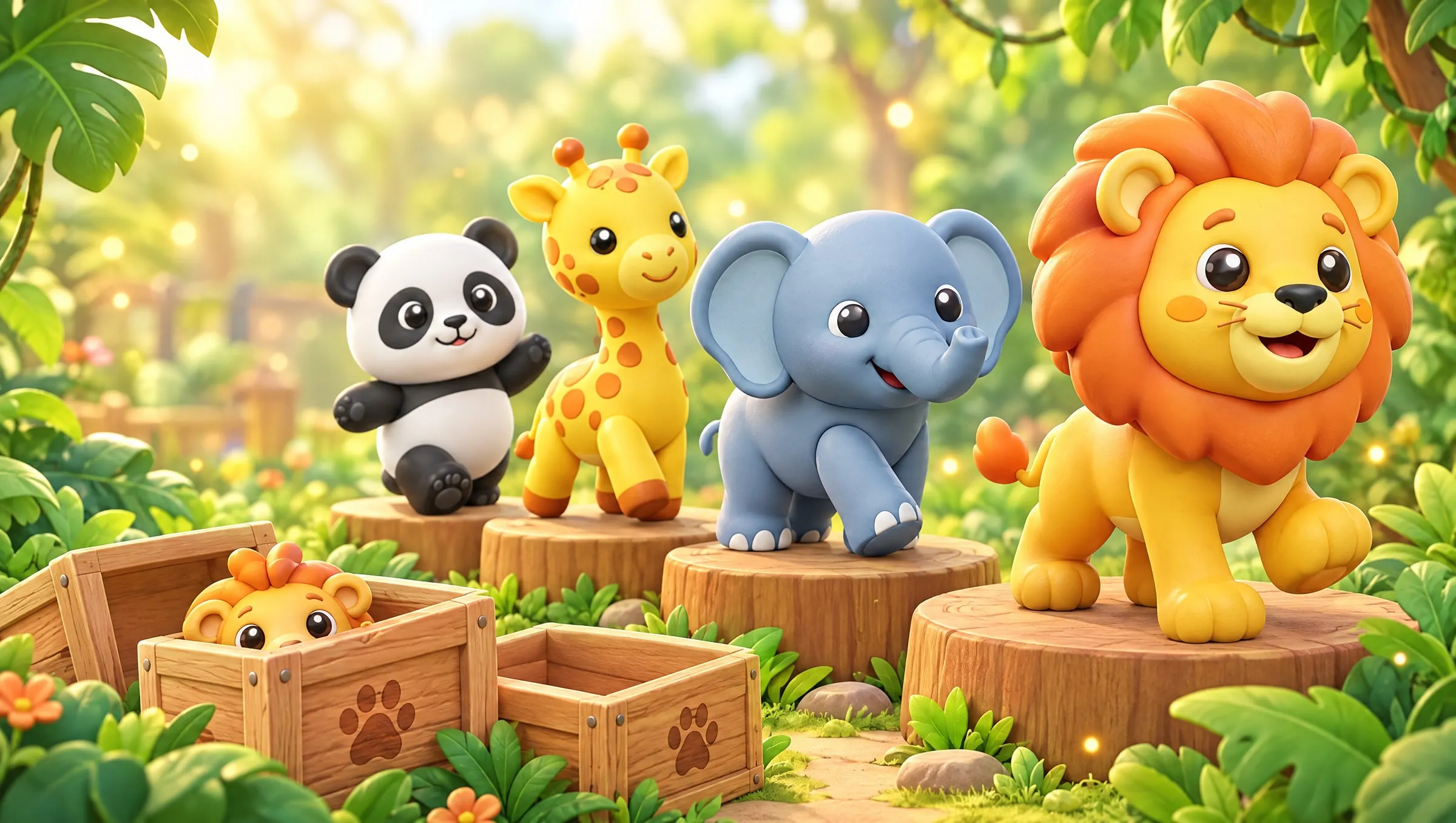 Singa, gajah, jerapah, dan panda berbaris di atas podium kayu seperti parade