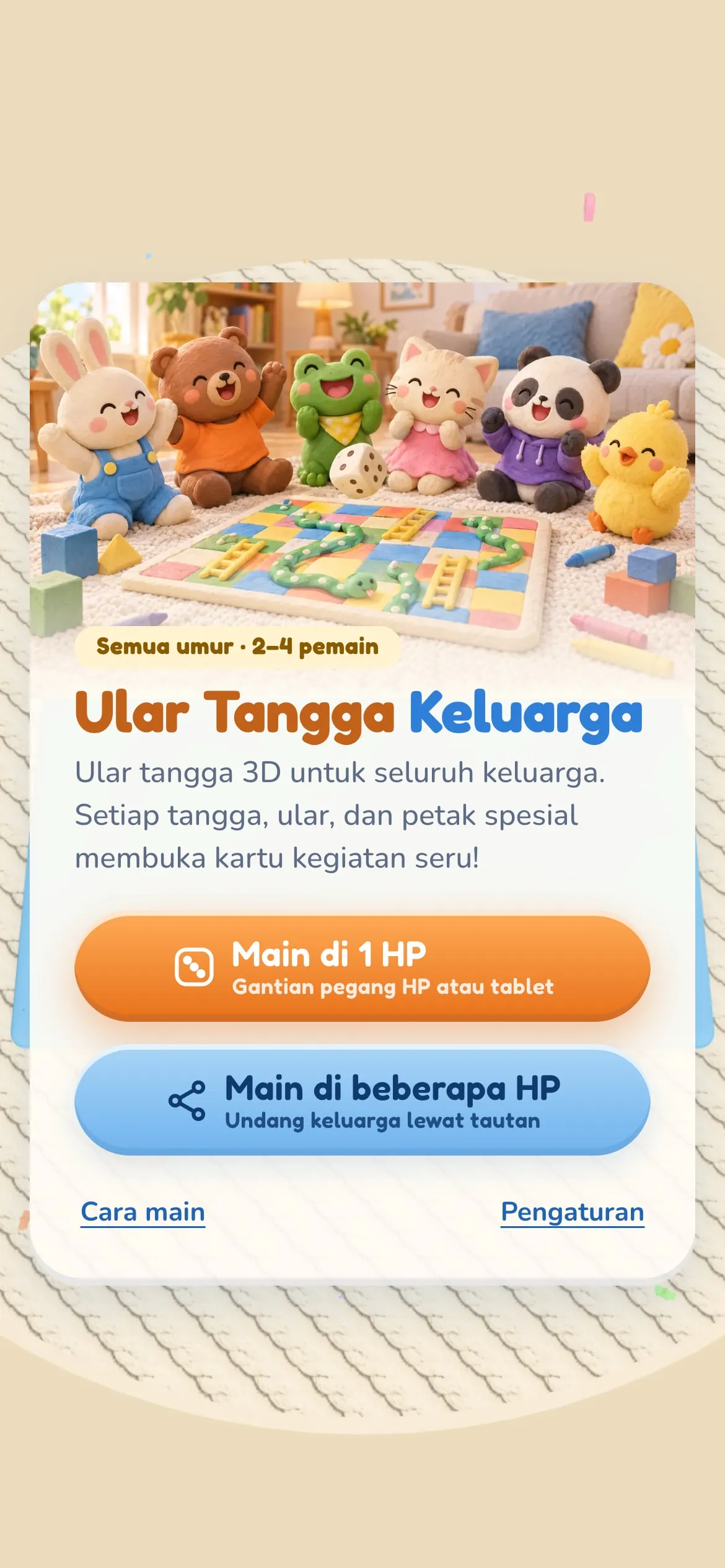 Layar pembuka Ular Tangga Keluarga dengan pilihan Main di 1 HP dan Main di beberapa HP