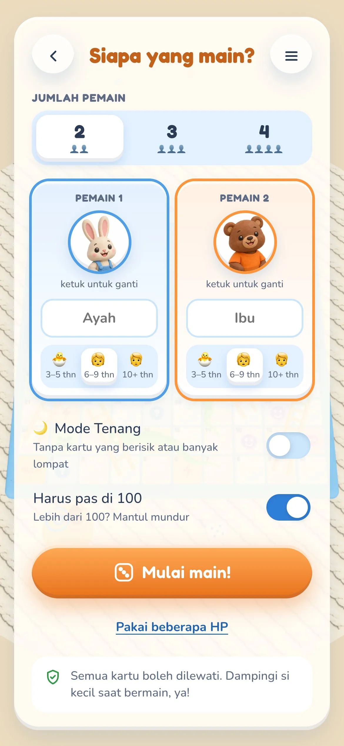 Layar lobi Ular Tangga Keluarga: memilih jumlah pemain, nama, karakter, dan level